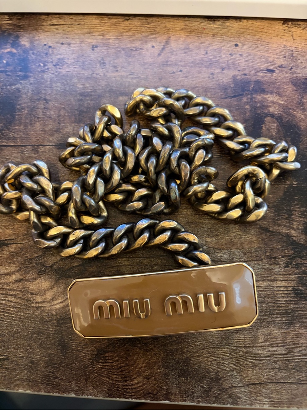 Miu Miu Gold-Tone Chain Belt with Brown Logo Plaque
